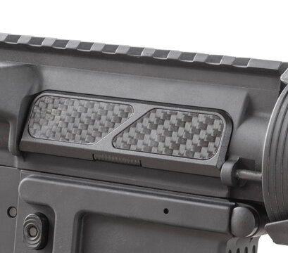 Carbon fiber finished AR-15 dustcover closed on the gun