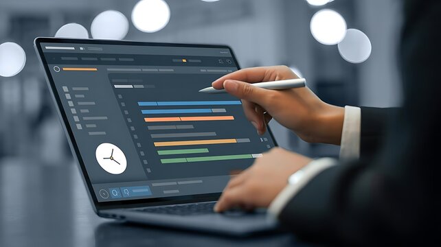 Professional using project management software on a laptop with a Gantt chart for business planning and scheduling