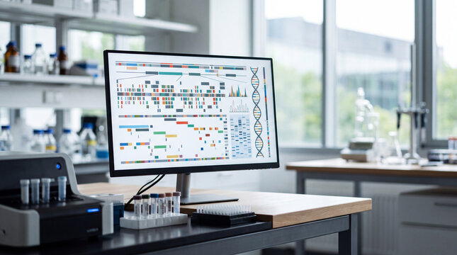 Laboratory computer monitor displaying genetic data and dna analysis in modern research lab