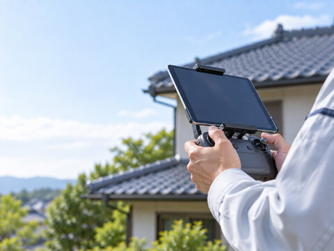Close Up Of Hands Holding Tablet Mounted Drone Controller Near Japanese Tiled Roof