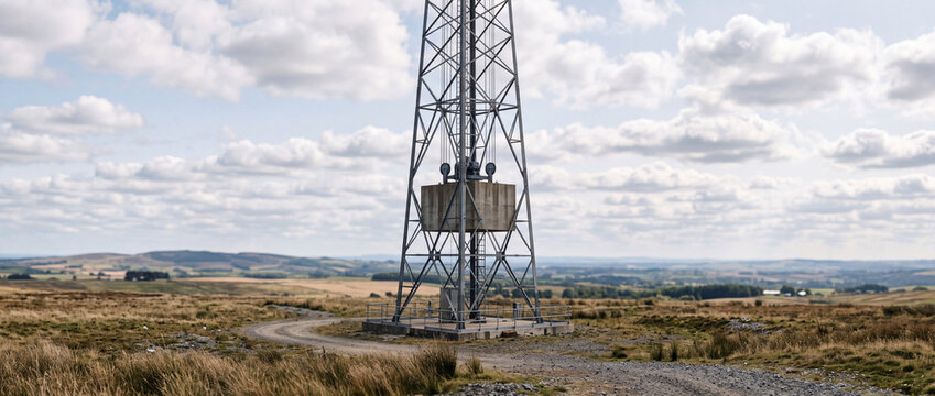 Rural energy storage tower standing on open moorland under cloudy sky with gravel track and distant hills
