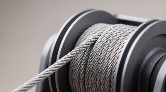 Steel cable spool on industrial winch showing braided wire rope and pulley, closeup