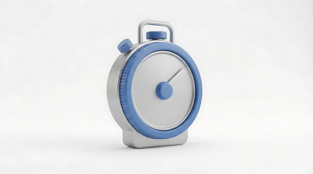 Silver stopwatch icon with blue details and timer needle for measuring speed and time management tasks.