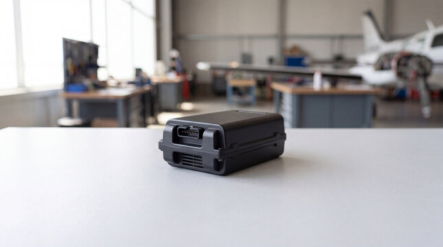 Portable avionics diagnostic device on workbench in aircraft hangar during maintenance