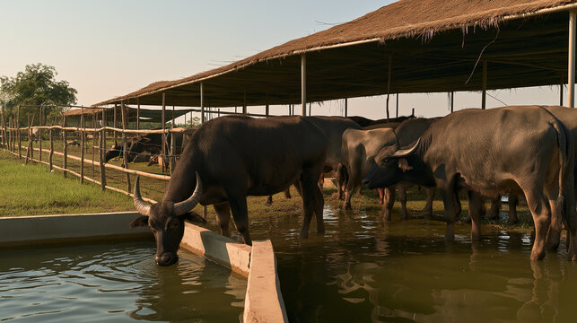 Water buffalo drinking from trough under thatched roof on farm