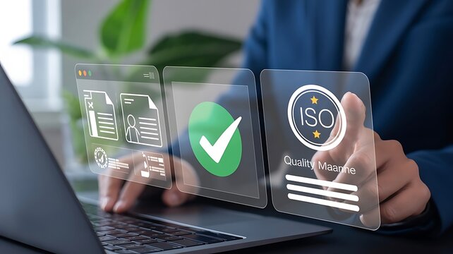 Businessman working on laptop with virtual ISO certification and quality management compliance icons
