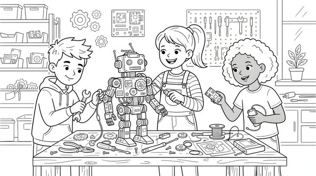 Three children building robotic toy with tools in workshop coloring page for students.