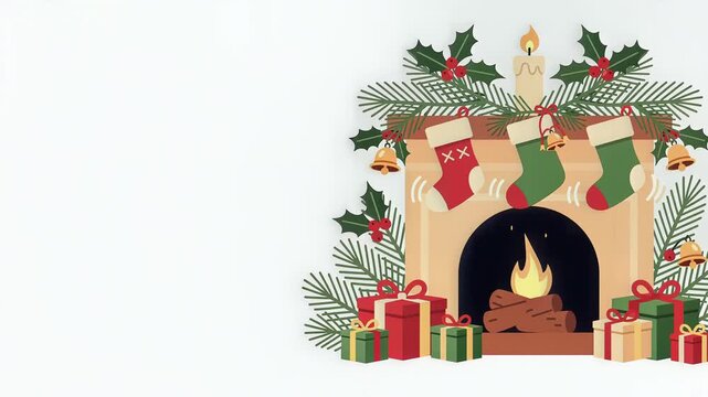 Flat vector Christmas fireplace with stockings gifts and holly copy space