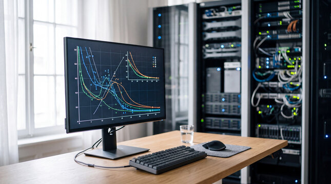 Data analytics desktop setup with monitor showing graphs in modern server room workspace