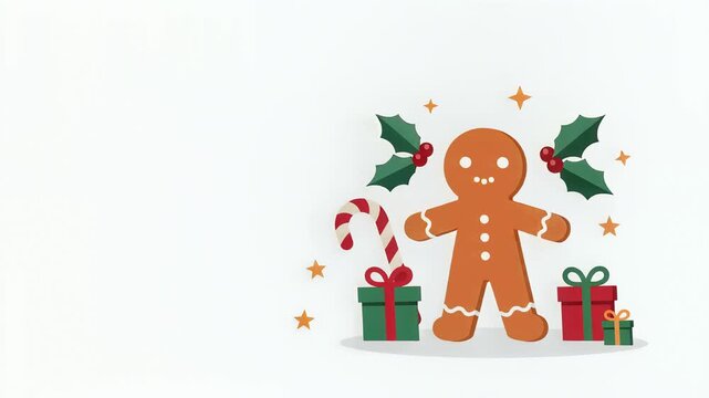 Minimalist gingerbread man with candy cane and gift boxes flat vector Christmas