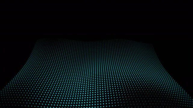 Teal glowing dot matrix forming a fluid digital wave on a black background, concept for data visualization, cyber tech and network backgrounds