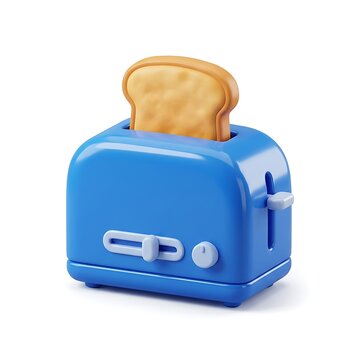 Blue glossy 3D toaster icon with toasted bread slice popping out on white background studio lighting