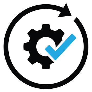 Single gear icon with a blue checkmark inside a circular arrow checkmark verified automation workflow settings industrial mechanical optimized