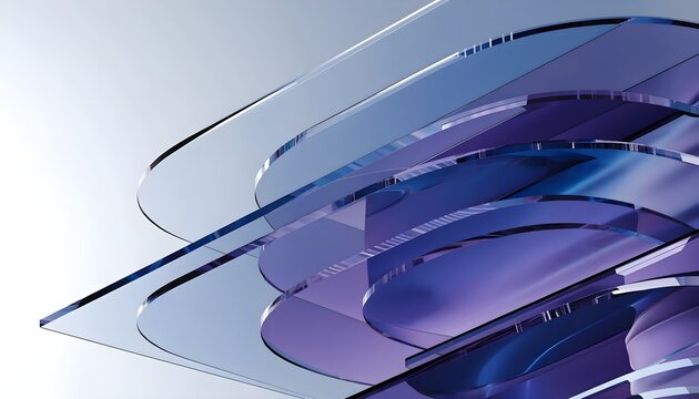 Photograph of multiple transparent, blue-tinted plastic sheets stacked at various angles, showcasing their smooth, glossy surfaces and reflective qualities against a light gray background. The image e