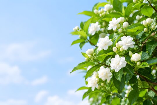 Blooming jasmine flowers with green leaves against clear blue sky copy space