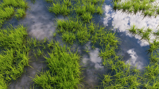 Rice plants growing in flooded paddies with cloud reflections