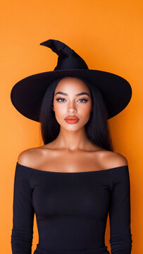 Young woman in black off shoulder top and witch hat halloween costume on vertical orange background