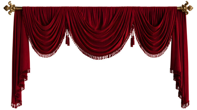 Rich red velvet draped swag with ornate antique brass holders and tassels, isolated on white background background, perfect for theatrical and event design