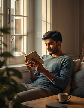 Young Reader Enjoying a Quiet Morning with Book and Coffee at Home