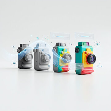 3D digital illustration showing the creative design process of a colorful toy camera from a gray prototype to a final textured model with glowing light effects