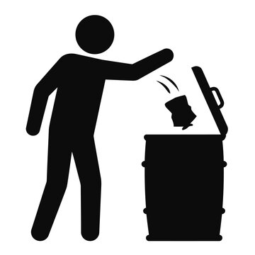 Black silhouette icon of a person throwing trash into a waste container with disposal silhouette cleanliness environmental dumpster sanitation pollution