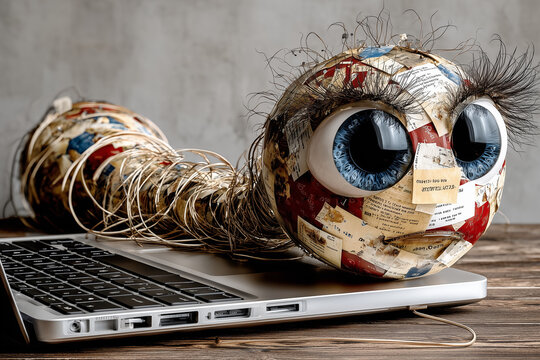 Surreal exhausted monster lies collapsed across a laptop after intense work, representing burnout, missed deadlines, fatigue, overwork and loss of productivity.
