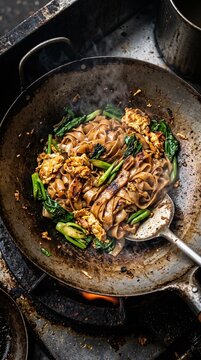 Pad see ew wide rice noodles in wok flat lay with Chinese broccoli and egg, dark dramatic street wok cooking concept
