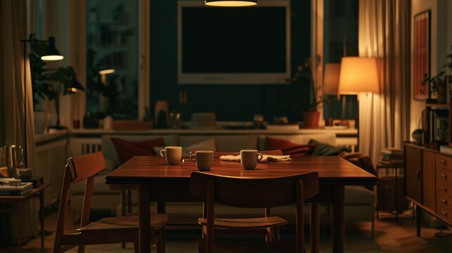 Cinematic evening view of a contemporary dining room table with warm lighting