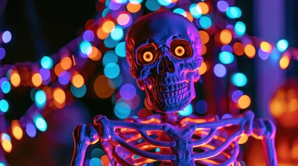 Obraz premium Glowing human skeleton decoration at a vibrant halloween party with bokeh lights