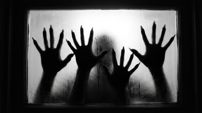 Terrifying silhouette of hands and a figure pressed against a frosted window
