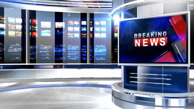 A breaking news video broadcast in a modern television studio