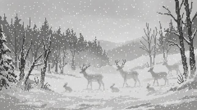 A herd of deer standing in a snowy forest during a winter snowfall