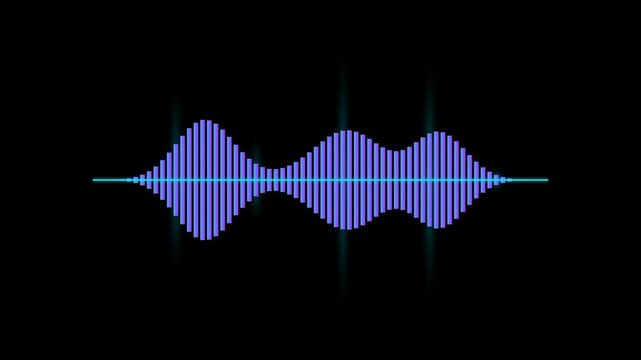Blue and Purple Symmetrical Audio Waveform Frequency Visualization with Central Sound Pulse for Music Technology and Digital Media Design