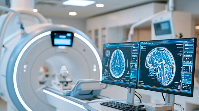 MRI scanner and brain scan results displayed on dual monitors in modern diagnostic imaging room, representing comprehensive medical technology and radiology analysis, with copy