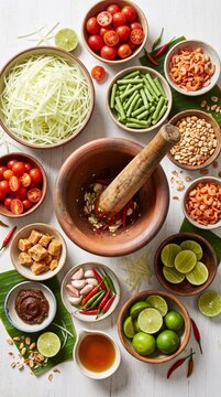 Thai street food spread flat lay with som tum, mango sticky rice and grilled skewers on banana leaf, authentic rustic food concept
