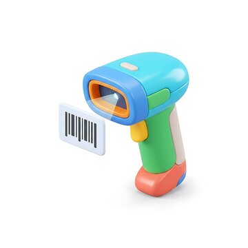 Colorful 3D handheld barcode scanner icon scanning product price tag label isolated on white background