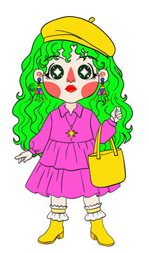 Cute trendy fashion girl with green hair and yellow beret vector illustration