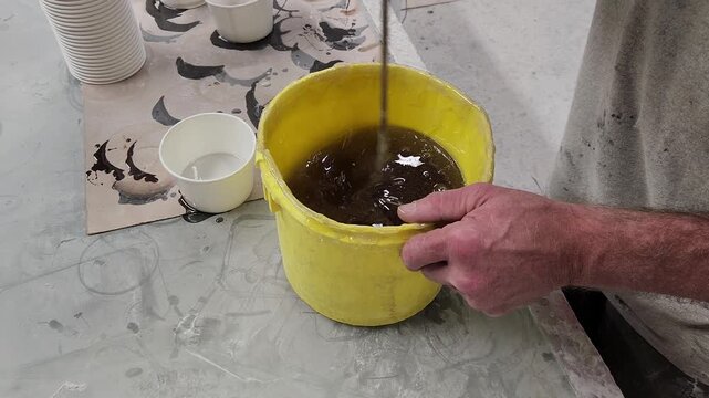 Worker Mixing Adhesive for Cultured Marble Fabrication in Manufacturing Workshop