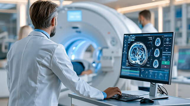 Ukraine medical computed tomography or MRI scanner, back view of computer, doctor room, making MRI, specialists working in clinic, concept of modern diagnostics, with copy space