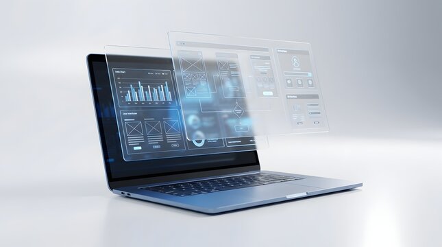 Laptop displaying UI UX wireframes and data charts