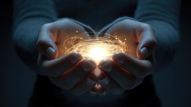 A pair of hands, presumably female, gently cradle a glowing orb of light.