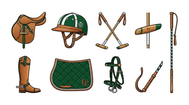 Set of professional polo sport equipment including leather saddle helmet mallet ball boot saddle pad bridle and riding crop in a detailed hand drawn illustration style for horse games