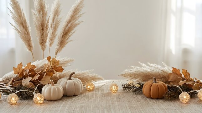 Cozy autumn background with decorative pumpkins pampas grass and warm fairy lights for seasonal home decor