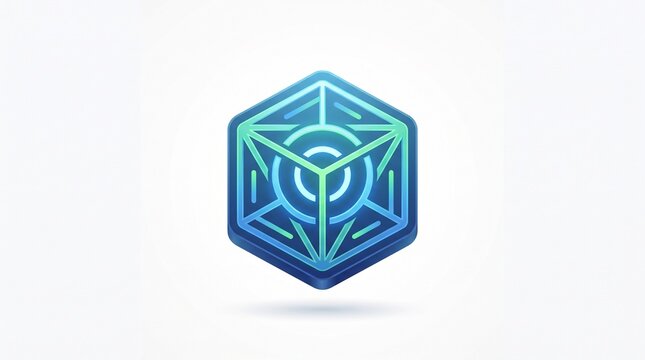 Futuristic blue geometric hexagon icon, abstract 3d tech logo symbol, glowing digital cube graphic for software and data apps