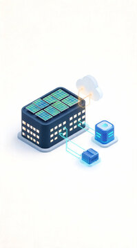 Isometric 3D green data center connected to cloud storage database and iot sensors with solar panel on roof for sustainable cloud computing banner.