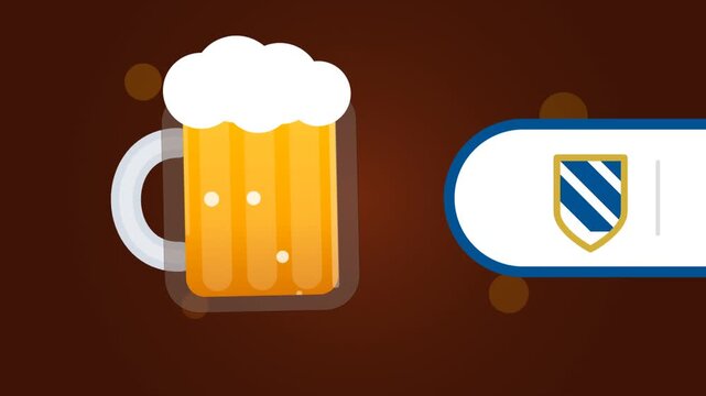 Beer mug animation with foam bubbles and shield crest for sports bar branding and oktoberfest footage