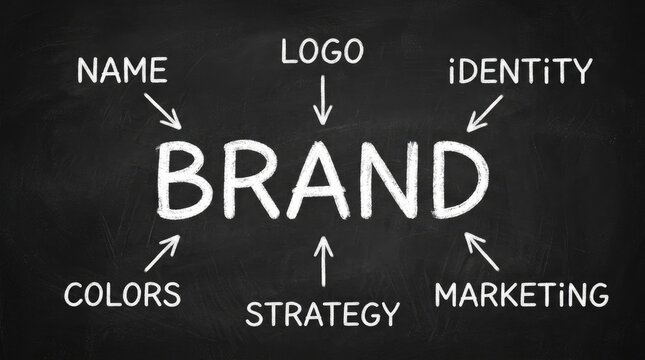 Conceptual diagram of brand development showing key elements like logo name identity strategy colors and marketing