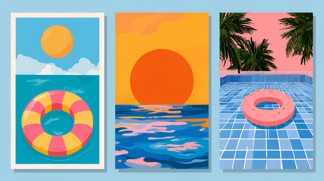 Vertical poster design background set (vector illustration) themed around summer sales and pools