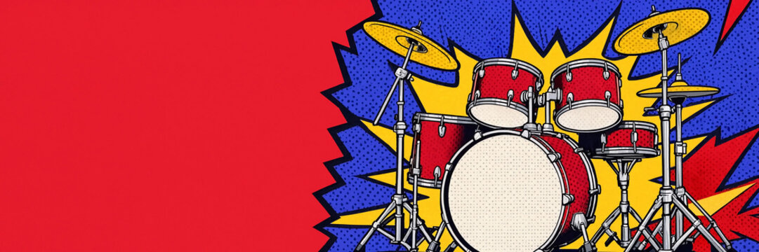A colorful drum set fills the frame in a bold comic book illustration with red, blue, and yellow background shapes.