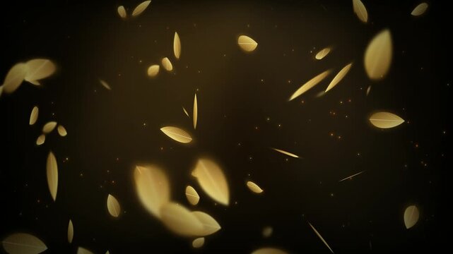 Golden falling leaves luxury abstract motion background 4k loop. Glowing gold leaf particles floating dark luxury background animation